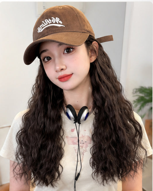 US Women Baseball Cap with Synthetic Wig Long Wavy Full Wigs Hat for Natural Use